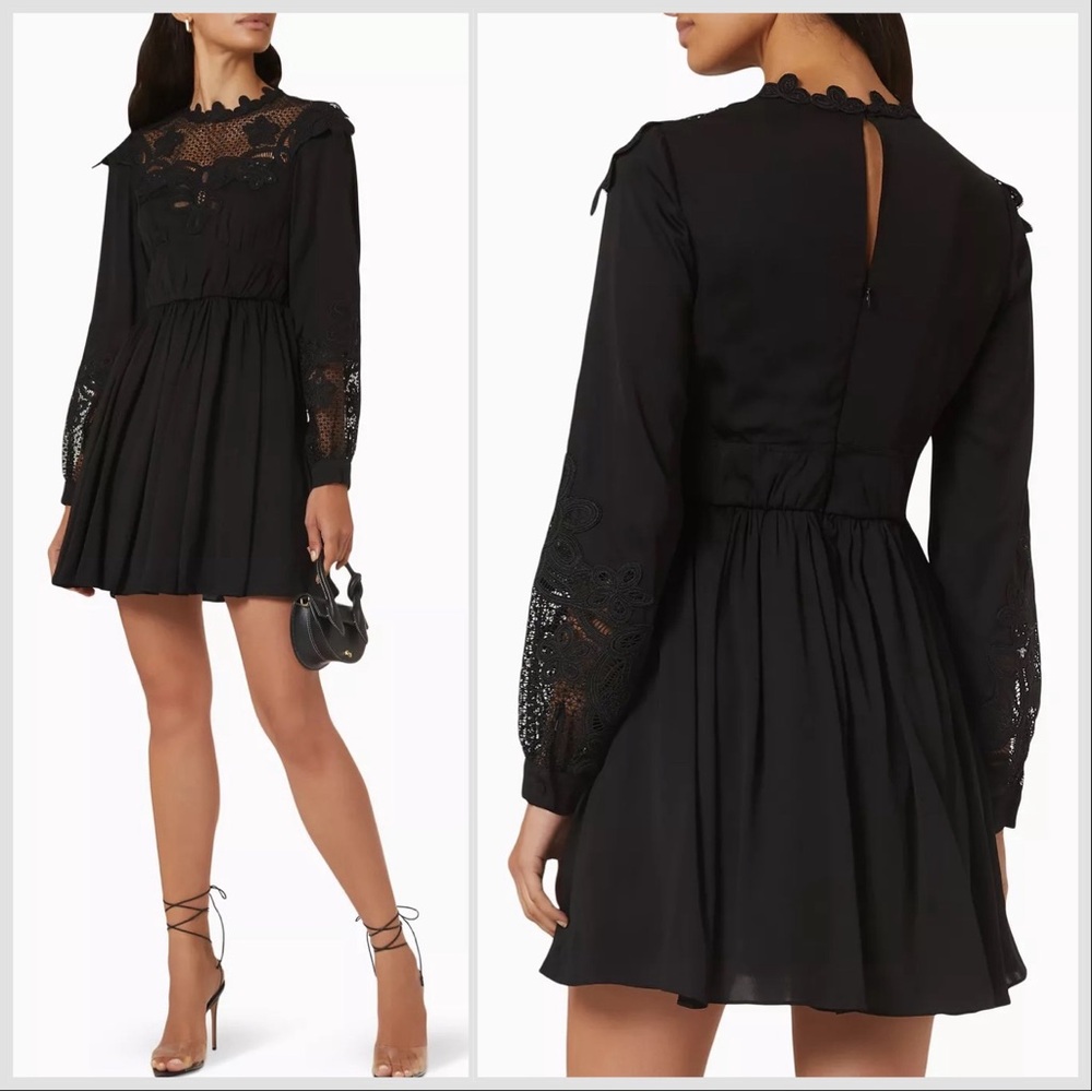 Self-Portrait Black Chemical Lace Bib Mini Dress Sz 4